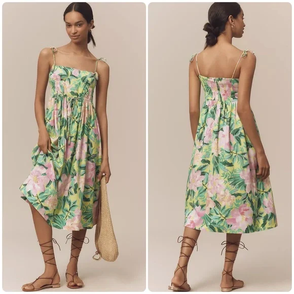 FARM Rio Linen Blend Tie-Strap Sweetheart Babydoll Midi Dress Size XS NEW - Picture 1 of 11